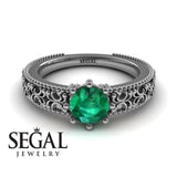 Unique Engagement ring 14K White Gold Vintage Ring Antique Art DecoGreen Emerald 