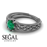 Unique Engagement ring 14K White Gold Vintage Ring Antique Art DecoGreen Emerald 