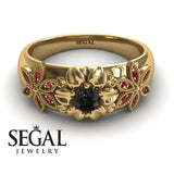 Unique Engagement ring 14K Yellow Gold Flowers RingVictorian Black Diamond With Ruby 