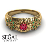 Unique Engagement ring 14K Yellow Gold Flowers RingVictorian Ruby With Green Emerald 