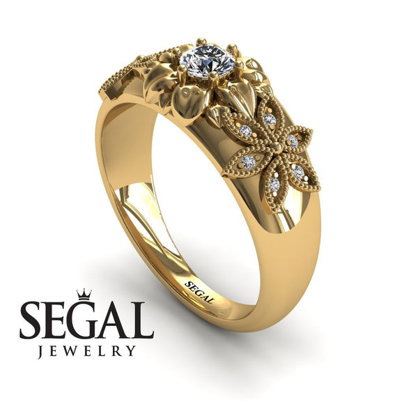 Unique Engagement ring 14K Yellow Gold Flowers RingVictorian Diamond 