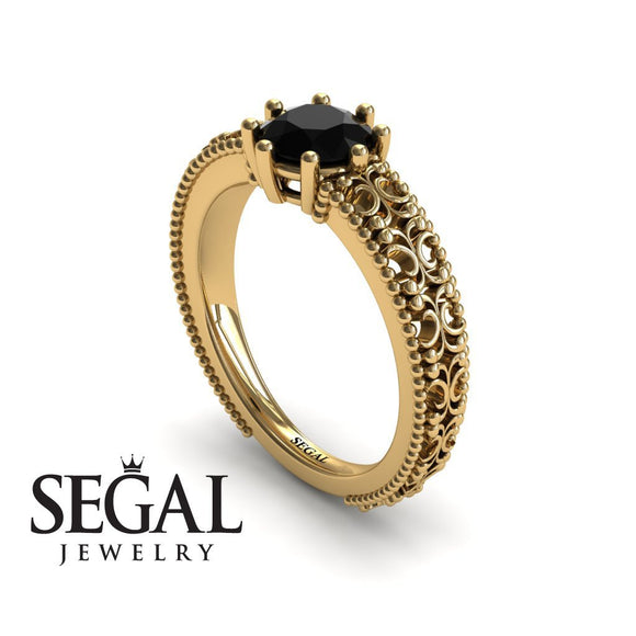 Unique Engagement ring 14K Yellow Gold Vintage Ring Antique Art DecoBlack Diamond 