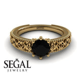 Unique Engagement ring 14K Yellow Gold Vintage Ring Antique Art DecoBlack Diamond 