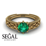 Unique Engagement ring 14K Yellow Gold Vintage Ring Antique Art DecoGreen Emerald 