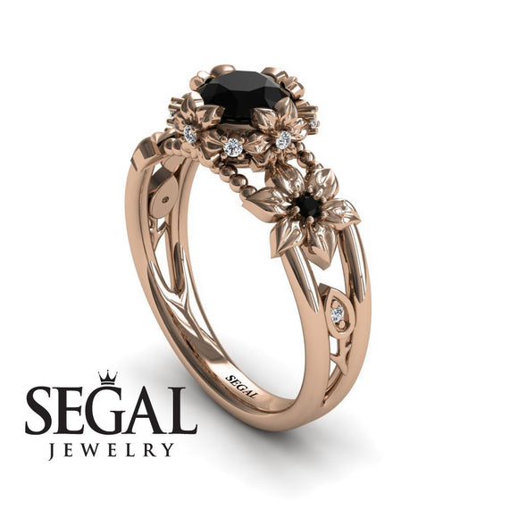 Unique Flowers Engagement ring 14K Rose Gold Flowers RingAnd Leafs Art Deco Victorian Black Diamond With Diamond 