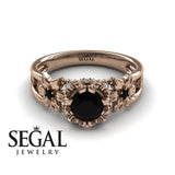 Unique Flowers Engagement ring 14K Rose Gold Flowers RingAnd Leafs Art Deco Victorian Black Diamond With Diamond 