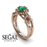 Unique Flowers Engagement ring 14K Rose Gold Flowers RingAnd Leafs Art Deco Victorian Green Emerald With Ruby And White diamond 