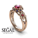 Unique Flowers Engagement ring 14K Rose Gold Flowers RingAnd Leafs Art Deco Victorian Ruby With Sapphire And Sapphire 