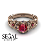 Unique Flowers Engagement ring 14K Rose Gold Flowers RingAnd Leafs Art Deco Victorian Ruby With Sapphire And Sapphire 