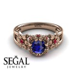 Unique Flowers Engagement ring 14K Rose Gold Flowers RingAnd Leafs Art Deco Victorian Sapphire With Ruby 