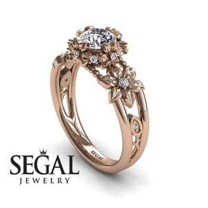 Unique Flowers Engagement ring 14K Rose Gold Flowers RingAnd Leafs Art Deco Victorian Diamond 