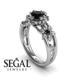 Unique Flowers Engagement ring 14K White Gold Flowers RingAnd Leafs Art Deco Victorian Black Diamond With Diamond 
