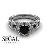 Unique Flowers Engagement ring 14K White Gold Flowers RingAnd Leafs Art Deco Victorian Black Diamond With Diamond 