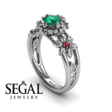 Unique Flowers Engagement ring 14K White Gold Flowers RingAnd Leafs Art Deco Victorian Green Emerald With Ruby And White diamond 