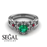Unique Flowers Engagement ring 14K White Gold Flowers RingAnd Leafs Art Deco Victorian Green Emerald With Ruby And White diamond 