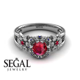 Unique Flowers Engagement ring 14K White Gold Flowers RingAnd Leafs Art Deco Victorian Ruby With Sapphire And Sapphire 