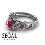 Unique Flowers Engagement ring 14K White Gold Flowers RingAnd Leafs Art Deco Victorian Ruby With Sapphire And Sapphire 
