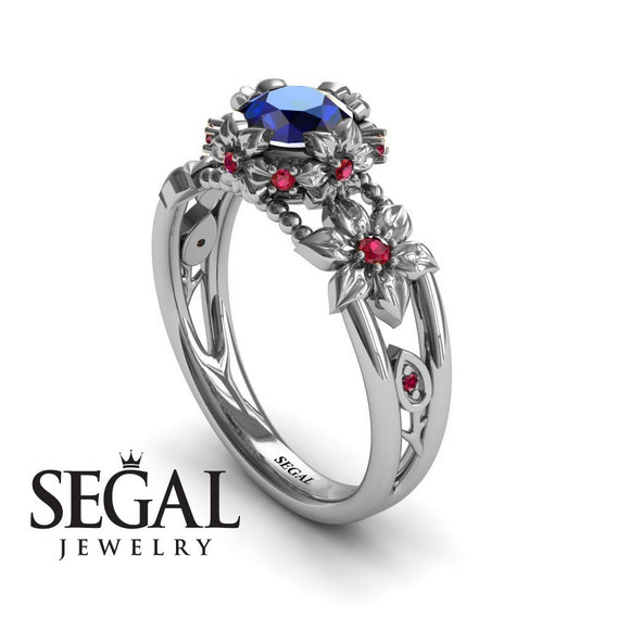 Unique Flowers Engagement ring 14K White Gold Flowers RingAnd Leafs Art Deco Victorian Sapphire With Ruby 