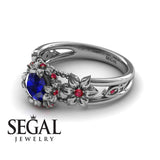 Unique Flowers Engagement ring 14K White Gold Flowers RingAnd Leafs Art Deco Victorian Sapphire With Ruby 