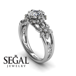 Unique Flowers Engagement ring 14K White Gold Flowers RingAnd Leafs Art Deco Victorian Diamond 