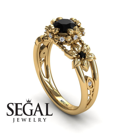 Unique Flowers Engagement ring 14K Yellow Gold Flowers RingAnd Leafs Art Deco Victorian Black Diamond With Diamond 