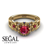 Unique Flowers Engagement ring 14K Yellow Gold Flowers RingAnd Leafs Art Deco Victorian Ruby With Sapphire And Sapphire 