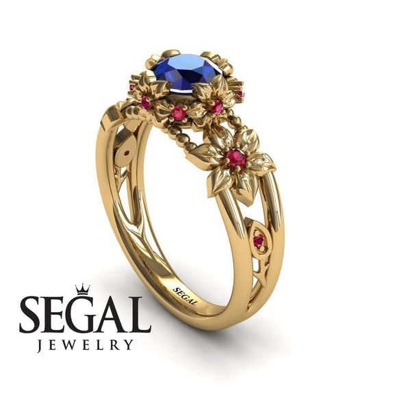 Unique Flowers Engagement ring 14K Yellow Gold Flowers RingAnd Leafs Art Deco Victorian Sapphire With Ruby 