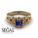 Unique Flowers Engagement ring 14K Yellow Gold Flowers RingAnd Leafs Art Deco Victorian Sapphire With Ruby 