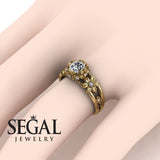 Unique Flowers Engagement ring 14K Yellow Gold Flowers RingAnd Leafs Art Deco Victorian Diamond 