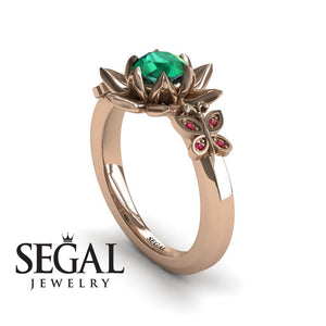 Unique Lotus Engagement ring 14K Rose Gold Butterfly Lotus Flower Vintage Ring Edwardian Green Emerald With Ruby 