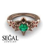 Unique Lotus Engagement ring 14K Rose Gold Butterfly Lotus Flower Vintage Ring Edwardian Green Emerald With Ruby 
