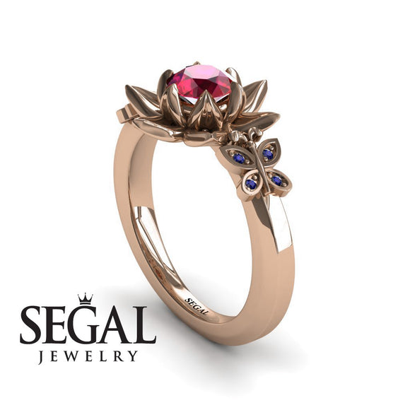 Unique Lotus Engagement ring 14K Rose Gold Butterfly Lotus Flower Vintage Ring Edwardian Ruby With Sapphire 