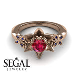 Unique Lotus Engagement ring 14K Rose Gold Butterfly Lotus Flower Vintage Ring Edwardian Ruby With Sapphire 