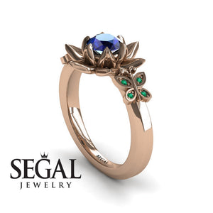 Unique Lotus Engagement ring 14K Rose Gold Butterfly Lotus Flower Vintage Ring Edwardian Sapphire With Green Emerald 