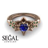 Unique Lotus Engagement ring 14K Rose Gold Butterfly Lotus Flower Vintage Ring Edwardian Sapphire With Green Emerald 