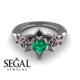 Unique Lotus Engagement ring 14K White Gold Butterfly Lotus Flower Vintage Ring Edwardian Green Emerald With Ruby 