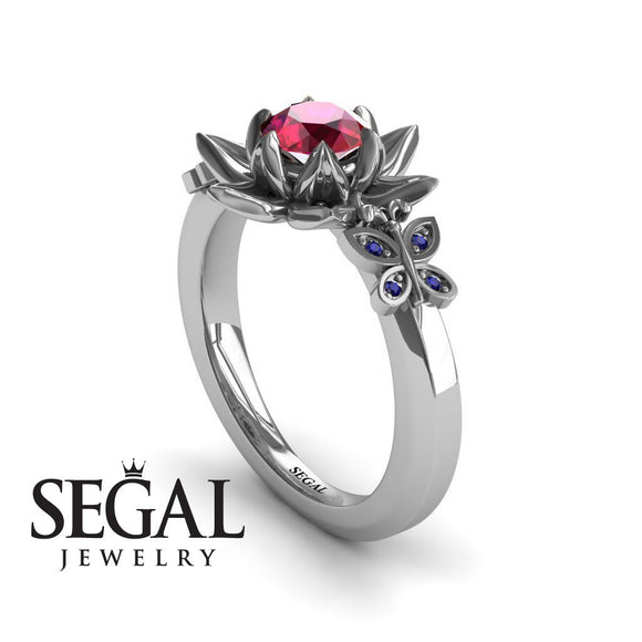 Unique Lotus Engagement ring 14K White Gold Butterfly Lotus Flower Vintage Ring Edwardian Ruby With Sapphire 