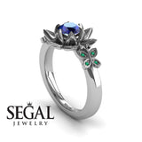 Unique Lotus Engagement ring 14K White Gold Butterfly Lotus Flower Vintage Ring Edwardian Sapphire With Green Emerald 