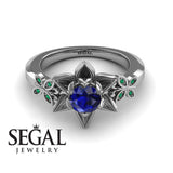 Unique Lotus Engagement ring 14K White Gold Butterfly Lotus Flower Vintage Ring Edwardian Sapphire With Green Emerald 