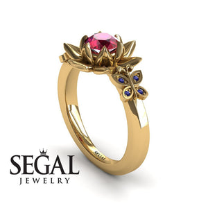 Unique Lotus Engagement ring 14K Yellow Gold Butterfly Lotus Flower Vintage Ring Edwardian Ruby With Sapphire 