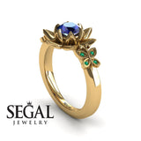 Unique Lotus Engagement ring 14K Yellow Gold Butterfly Lotus Flower Vintage Ring Edwardian Sapphire With Green Emerald 