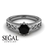 Unique Vintage Engagement ring 14K White Gold Vintage Ring Antique Victorian FiligreeBlack Diamond 
