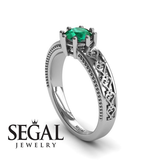 Unique Vintage Engagement ring 14K White Gold Vintage Ring Antique Victorian FiligreeGreen Emerald 