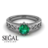 Unique Vintage Engagement ring 14K White Gold Vintage Ring Antique Victorian FiligreeGreen Emerald 