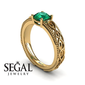 Unique Vintage Engagement ring 14K Yellow Gold Vintage Ring Antique Edwardian FiligreeGreen Emerald 