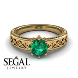 Unique Vintage Engagement ring 14K Yellow Gold Vintage Ring Antique Victorian FiligreeGreen Emerald 